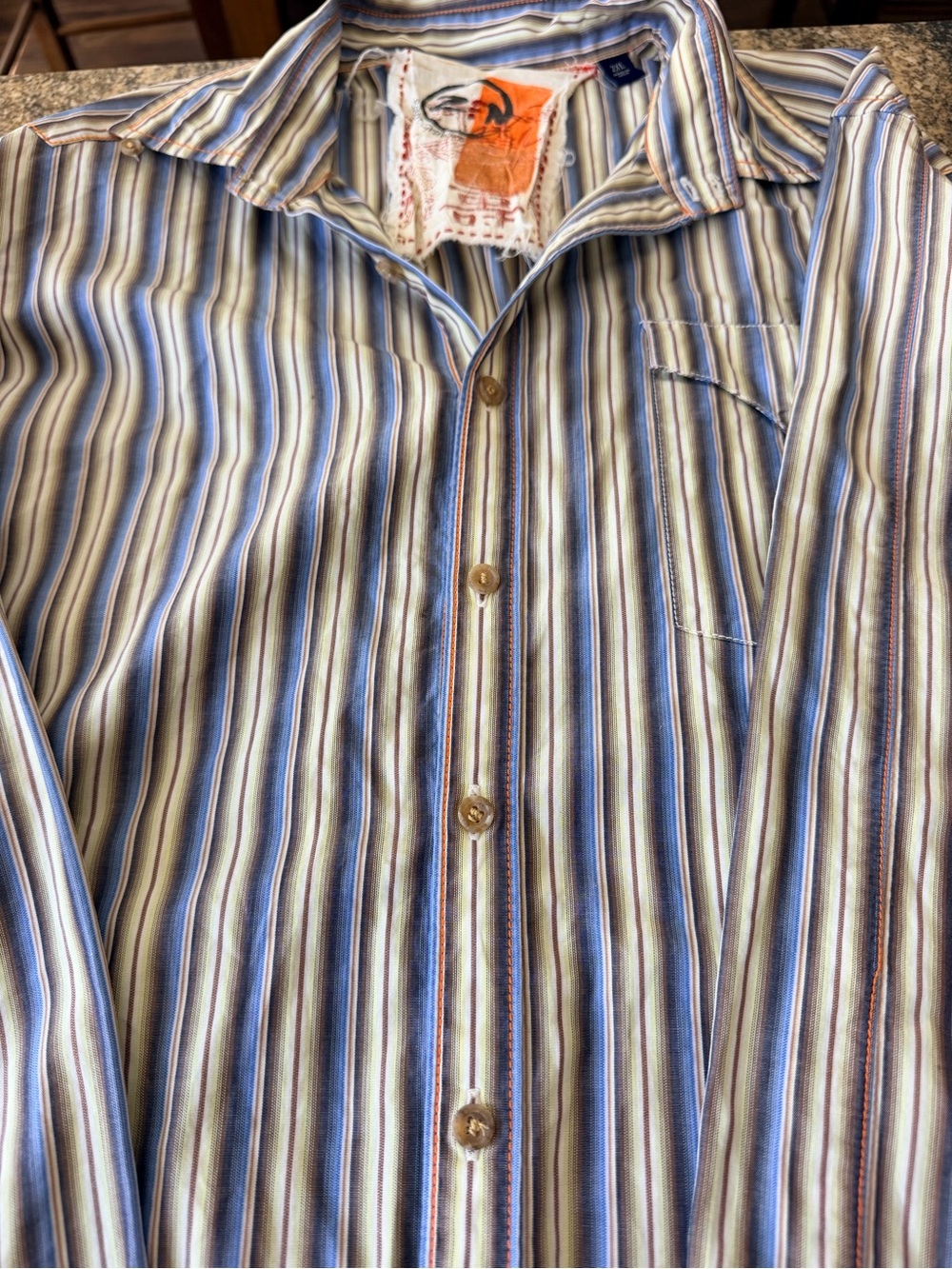 Robert Graham Blue, White and Tan Striped Casual Button-Down Shirt